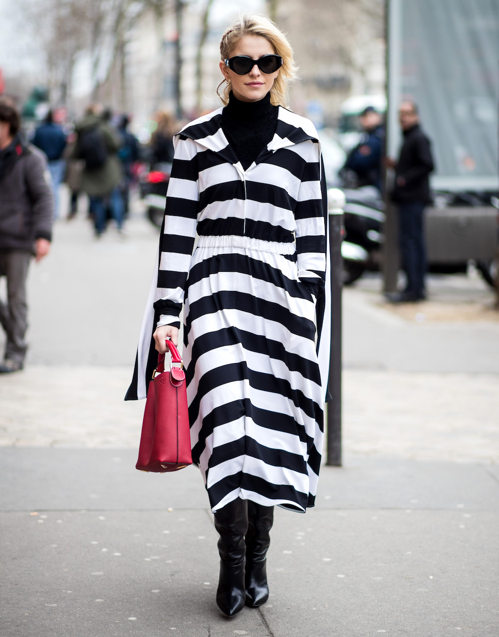 Caro Daur wearing striped coat