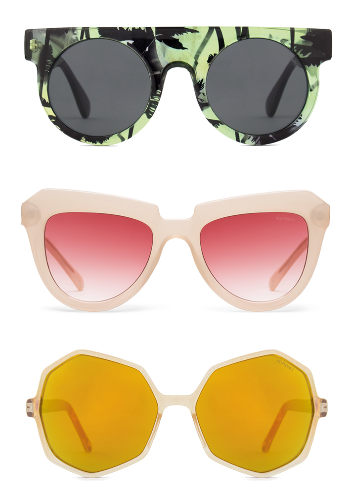 Komono Hippolyte Print Sunglasses, $89.95; at Komono / Komono Stella Pale Blush Sunglasses, $69.95; at Komono / Komono Bonnie Pearl Tortoise Sunglasses, $69.95; at Komono