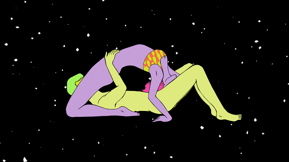 A drawing of a couple trying an acrobatic sex position over a galactic background