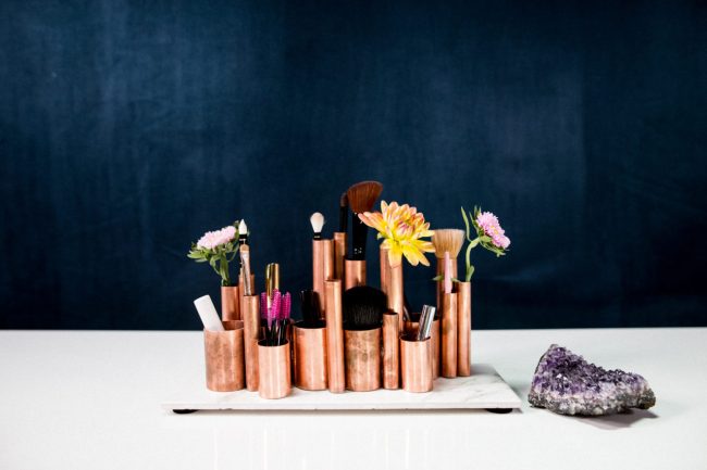 DIY copper pipe makeup brush display