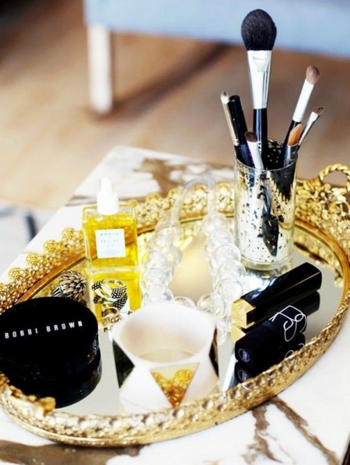 gold mirror tray makeup
