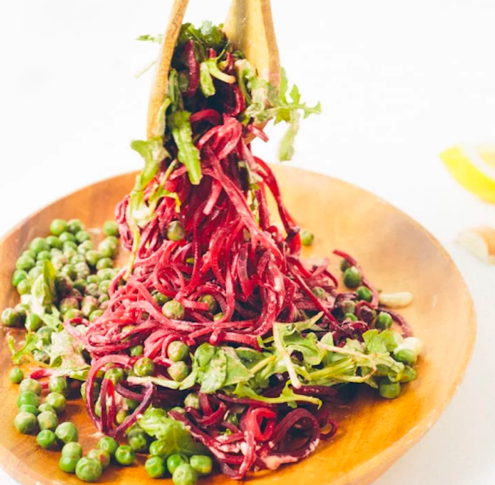 STYLECASTER | 17 No-Cook Dinners For Busy Weeknights | Beet Noodle, Pea and Arugula Salad with Lemon-Garlic Tahini Sauce