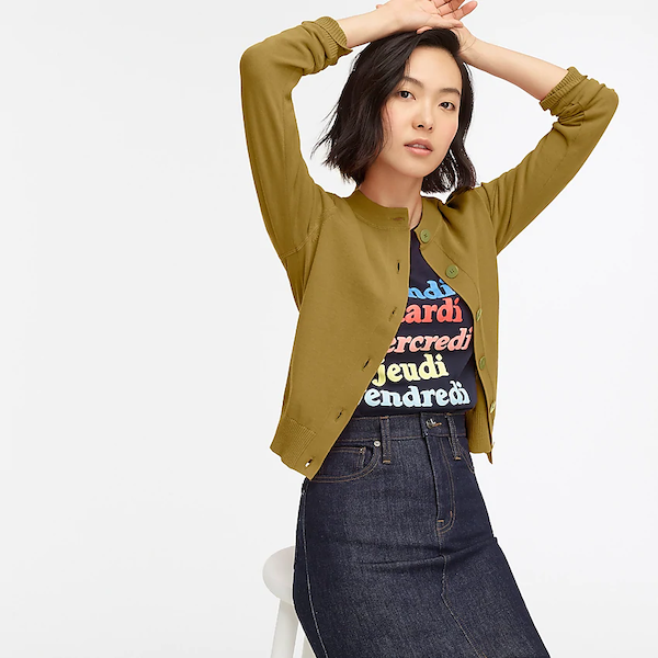 STYLECASTER | J.Crew Spring Sale | short olive cardigan