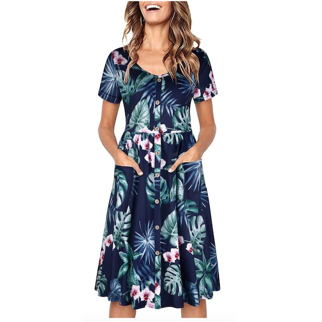 OUGES Women's V-Neck Button Down Skater Dress