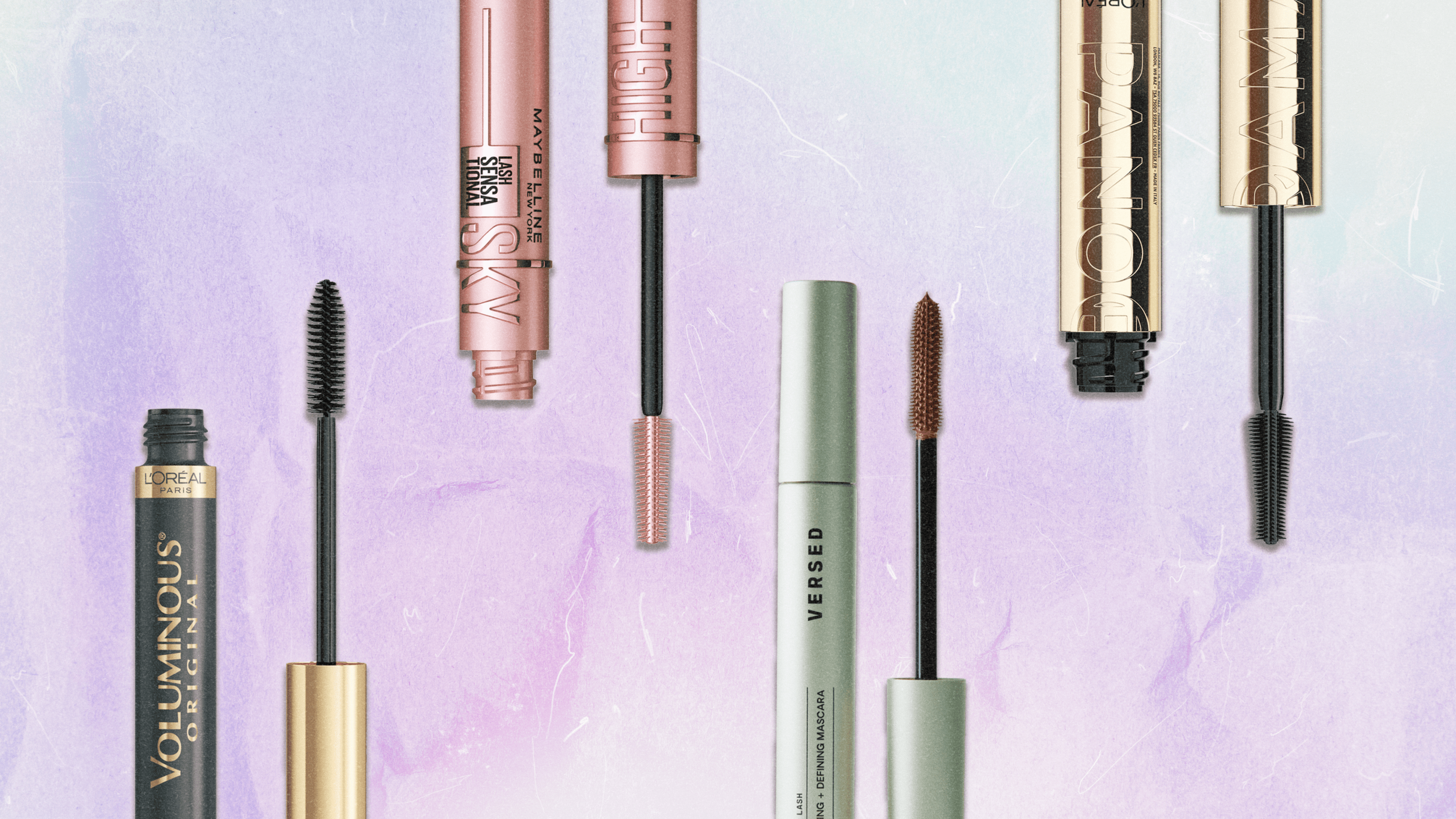 A collage of four tubes of cheap, under-$15 mascaras (left to right: L'Oreal Paris, Maybelline New York, Versed, L'Oreal Paris).