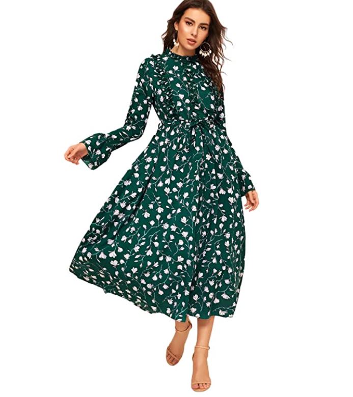 SOLY HUX Women's Ditsy Floral Print Flounce Sleeve Belted High Waist Elegant Dress