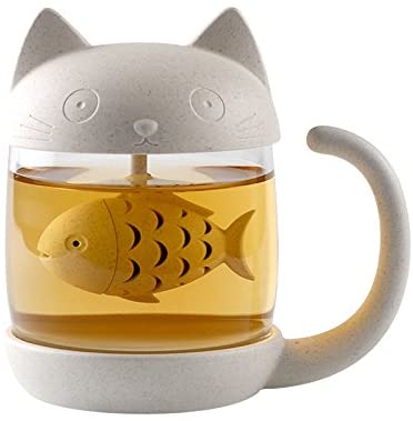 Digoon 10 oz Cute Cat Glass Cup Tea Mug With Fish Tea Infuser