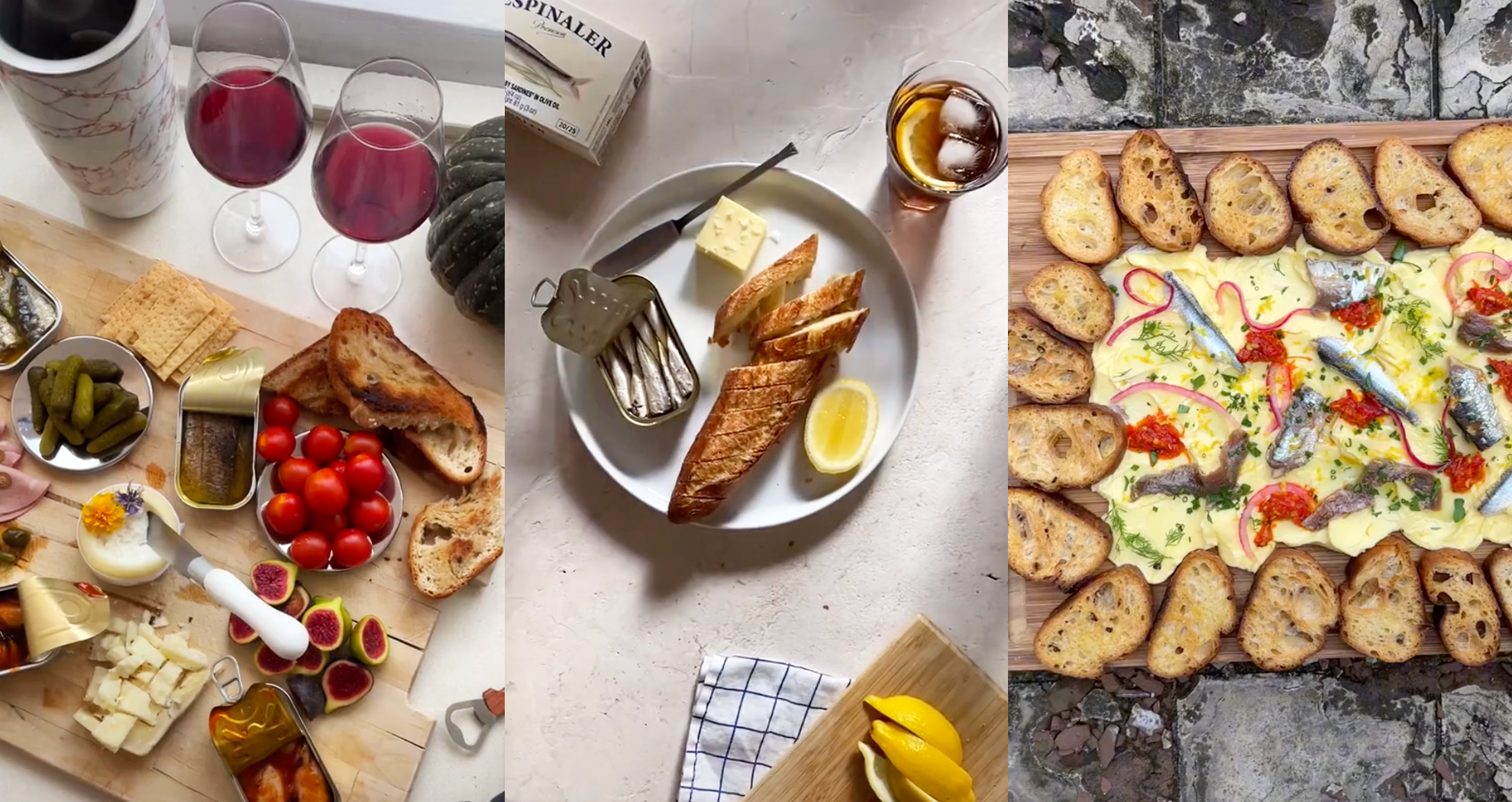 Three tinned fish spreads, featuring canned fish, sliced bread, cheese, and more