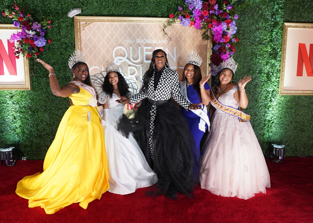 NEW ORLEANS, LOUISIANA - APRIL 15: (L-R) Miss Tuskeegee Aleya Barber, Miss Xavier University of Louisiana Nina Giddens, Big Freedia, Miss Dillard University Jerika Edwards, and Miss Prairie View A&amp;M Taverlyn M. Shepard attends the Queen Charlotte Spring Waltz at Xavier University on April 15, 2023 in New Orleans, Louisiana.