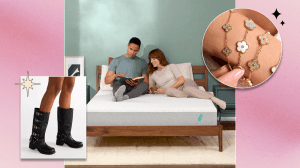 Left to Right: a model wearing Steve Madden's Rocky boots in black; a couple sitting on top of a Tuft & Needle mattress; a model wearing Rellery's Pearl Flower Bracelet in gold.