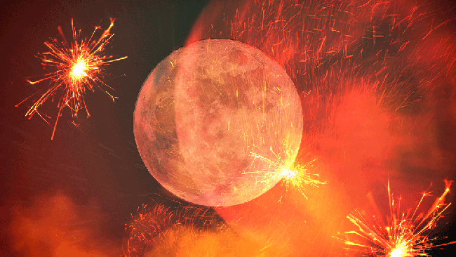 A full moon in surrounded by sparks of light