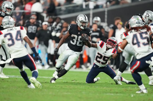 LAS VEGAS, NEVADA - AUGUST 26:  Running back Brittain Brown #38 of the Las Vegas Raiders runs against the New England Patriots during the second half of a preseason game at Allegiant Stadium on August 26, 2022 in Las Vegas, Nevada. (Photo by Chris Unger/Getty Images)