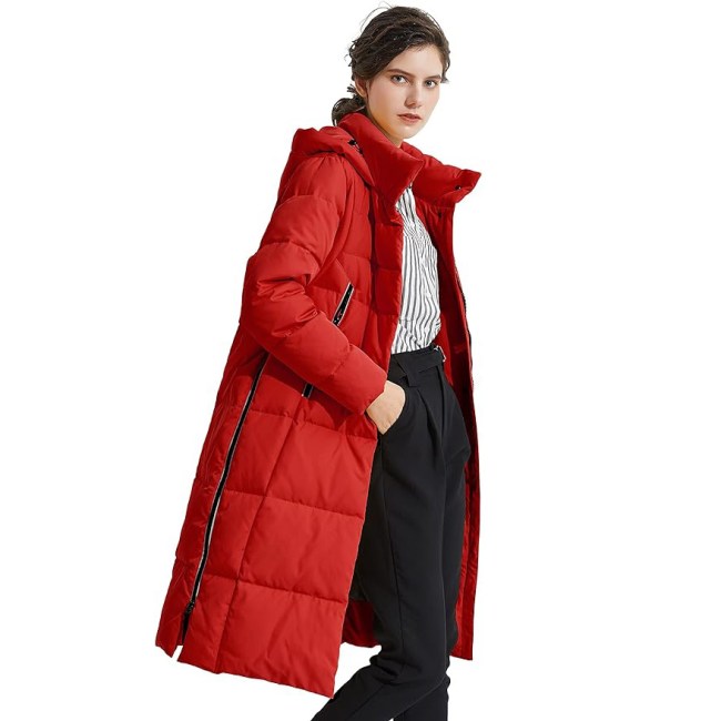 A model wearing the Orolay Women's Thickened Long Down Jacket in red