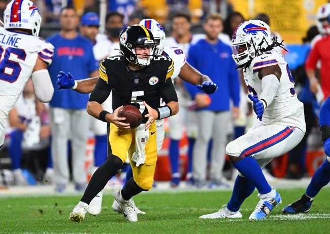 Tanner Morgan #5 and DaQuan Jones #92 at the Steelers Vs. Bills game in August 2023.