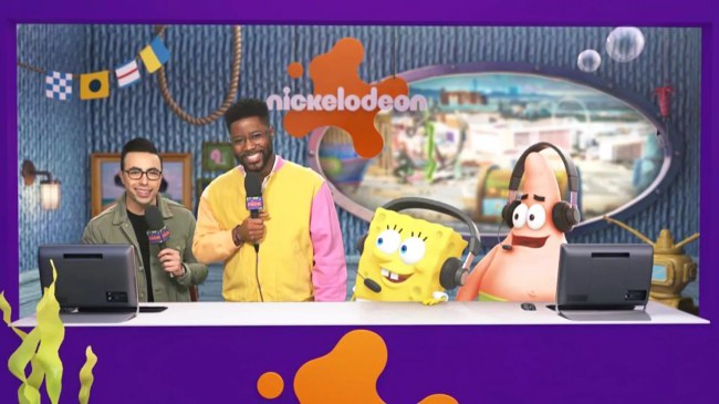 SpongeBob SquarePants (voiced by Tom Kenny) and Patrick Star (voiced by Bill Fagerbakke) with CBS Sports analyst Nate Burleson and play-by-play announcer Noah Eagle. 
