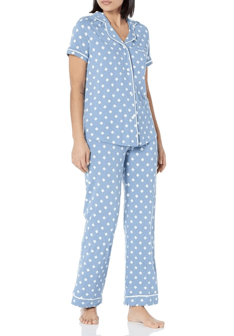 A model wearing blue and white printed Cosabella PJs