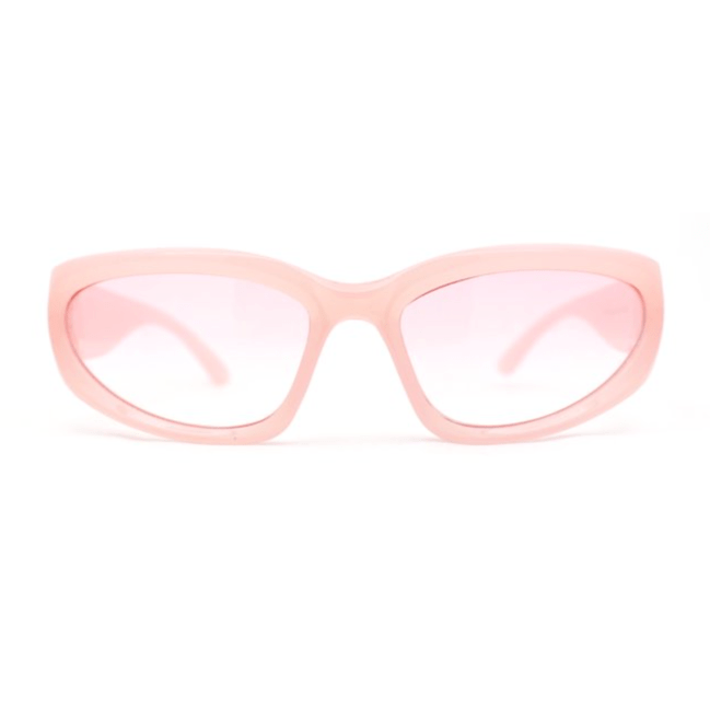 A pair of pastel pink sunglasses with light pink lenses