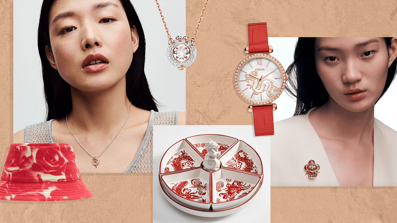 A collage of Lunar New Year gifts, including dragon bucket hats, watches, necklaces, pendants, and jewelry dishes