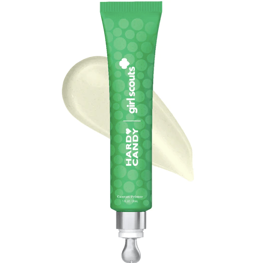 A tube of Hard Candy x Girl Scouts Refresh Mint Canvas Primer with a white swatch behind it