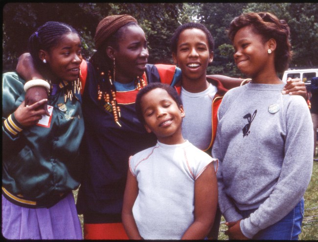 Portrait of Rita Marley, with her children. Left to right, Sharon Marley, Rita Marley, Stephen Marley, Ziggy Marley and Cedella Marley in Central Park, New York City, New York. June 12, 1992.