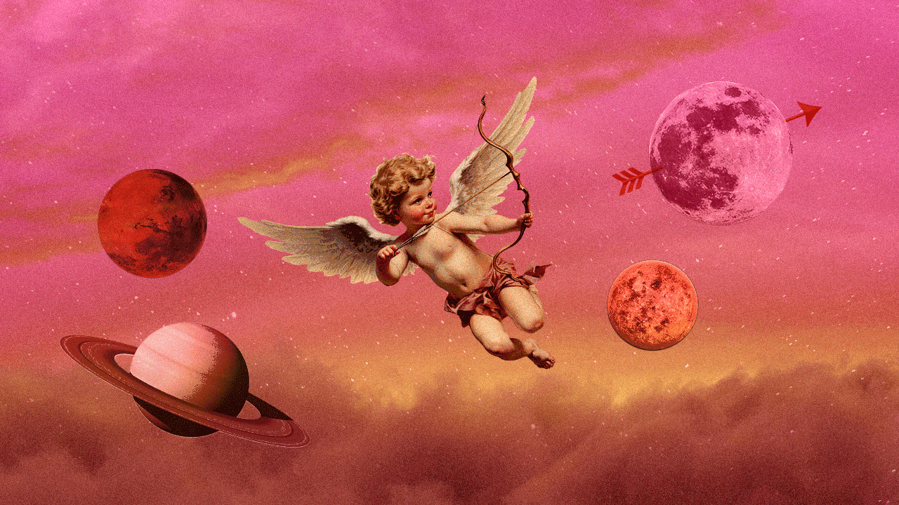 Cupid pointing an arrow at planets in a pink sunset sky.