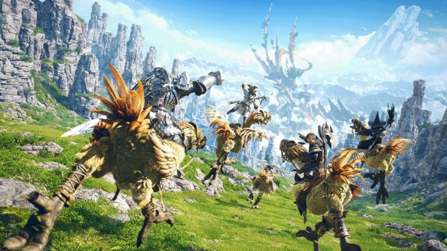 screenshot of Final Fantasy XIV: A Realm Reborn involving chocobos running across the landscape