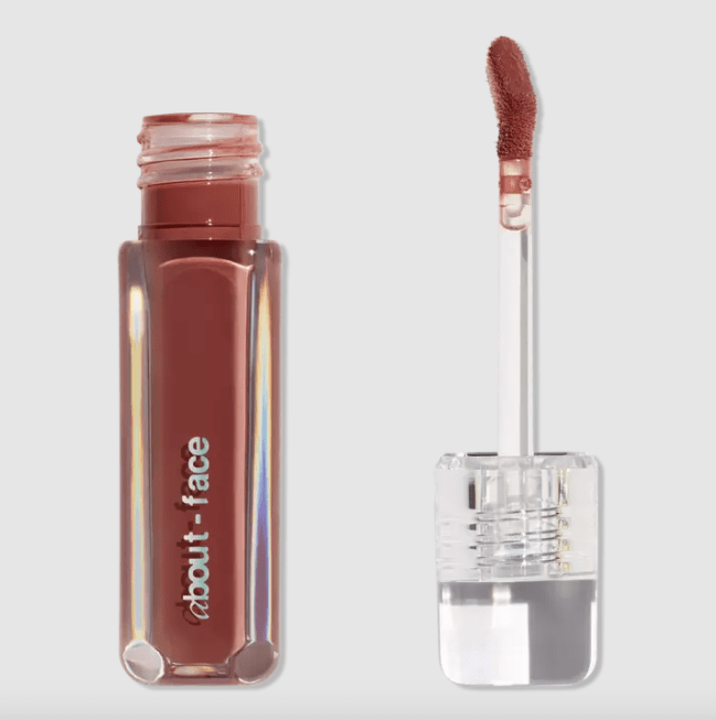 about-face Light Lock Lip Gloss, lip gloss in a rectangular bottle.