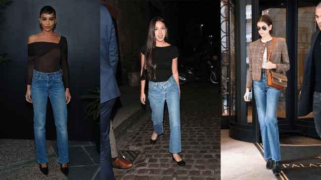 Zoe Kravitz, Olivia Rodrigo, and Kaia Gerber wearing straight leg denim.