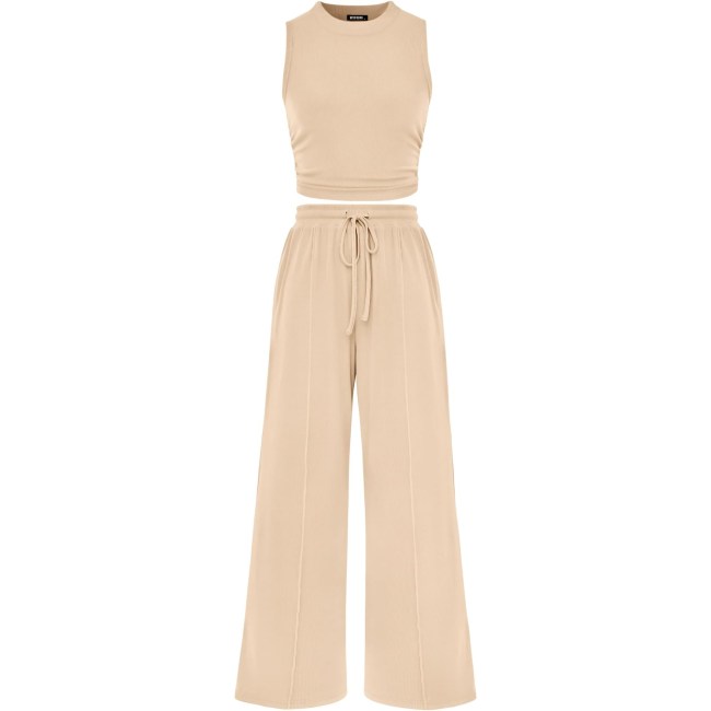 BTFBM Women Summer 2 Piece Outfits Ribbed Knit Crew Neck Sleeveless Cropped Top Elastic Waist Wide Leg Pants Lounge Set