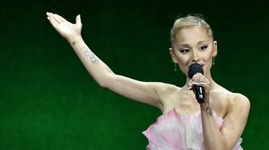 US singer-songwriter Ariana Grande speaks about the movie "Wicked" during the Universal Pictures and Focus Features presentation at The Colosseum at Caesars Palace at CinemaCon 2024 in Las Vegas, Nevada, on April 10, 2024.