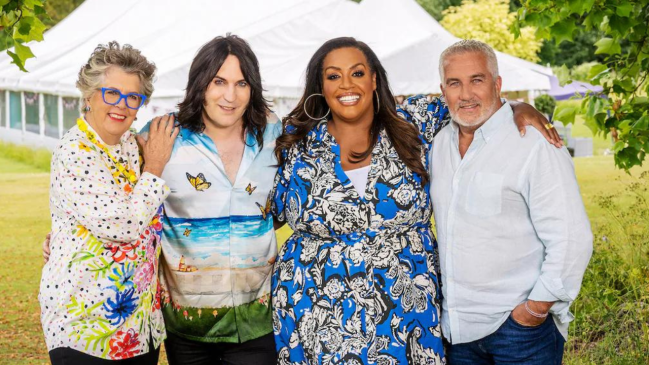 Noel Fielding, Alison Hammond, Paul Hollywood, and Prue Leith on The Great Celebrity Baking Show.