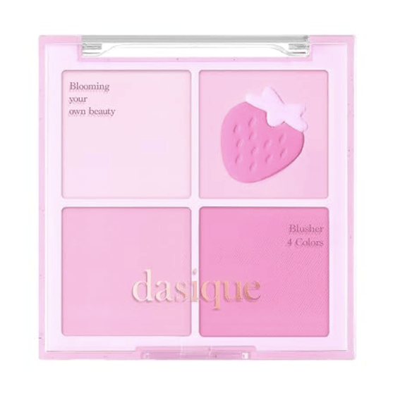 Dasique Blending Mood Cheek in Berry Smoothie, a quad blush palette with a strawberry.