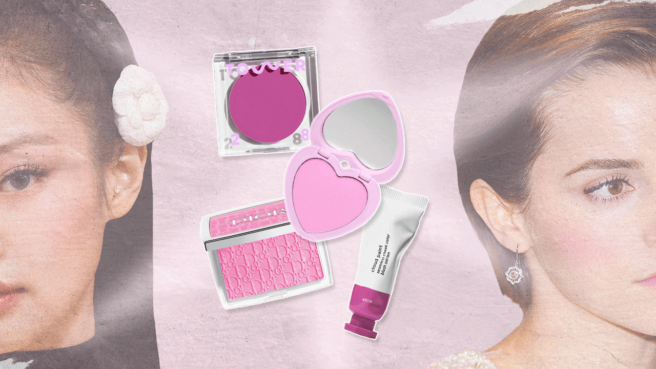 Jennie Kim and Emma Watson wearing cool toned blushes surrounded by Tower28, Colourpop, Dior, and Glossier cool blushes.