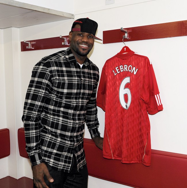 LIVERPOOL, ENGLAND - OCTOBER 14:  (THE SUN OUT)  American basketball player LeBron James, a minority stakeholder of Liverpool FC, visits Anfield stadium, the home of Liverpool Football Club on October 14, 2011 in Liverpool, England.