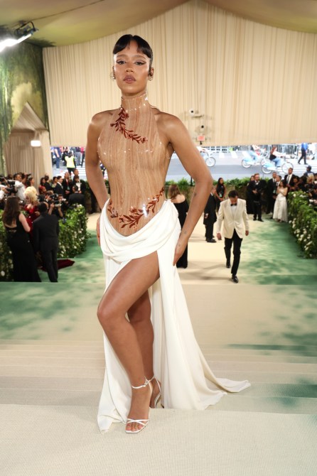 Taylor Russell arrives to the Met Gala 2024.