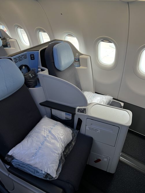 A row of two-by-two seats on a La Compagnie airline. Each looks like a pod and comes with a pillow.
