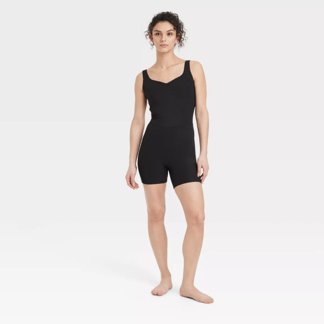 All in Motion Brushed Sculpt Rib Short Active Bodysuit in black