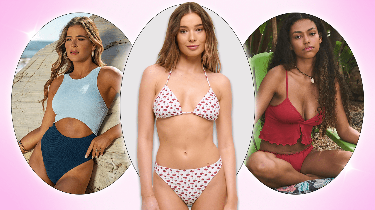 Left to Right: a model wearing a Cupshe monokini in a light blue and dark blue colorblock colorway; a model wearing an Abercrombie & Fitch white and red cherry print bikini set; an Out From Under model wearing a red ruffle babydoll tankini set.