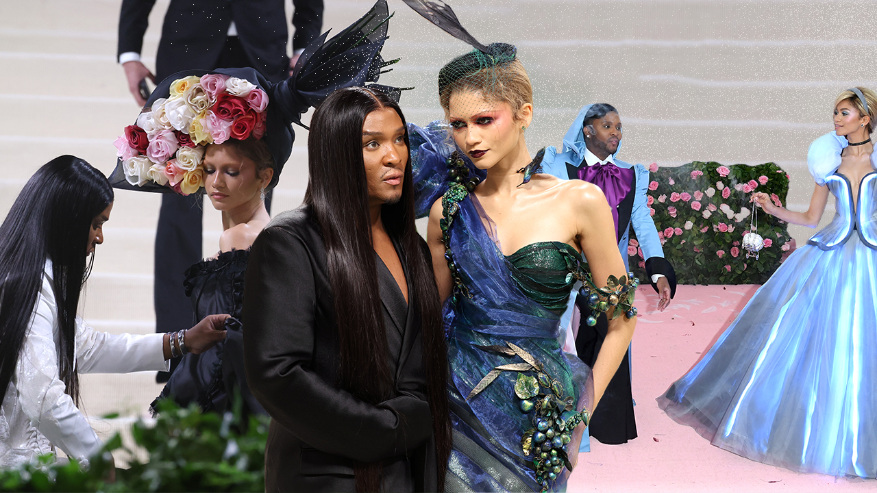 A collage of Law Roach and Zendaya at past Met Galas.