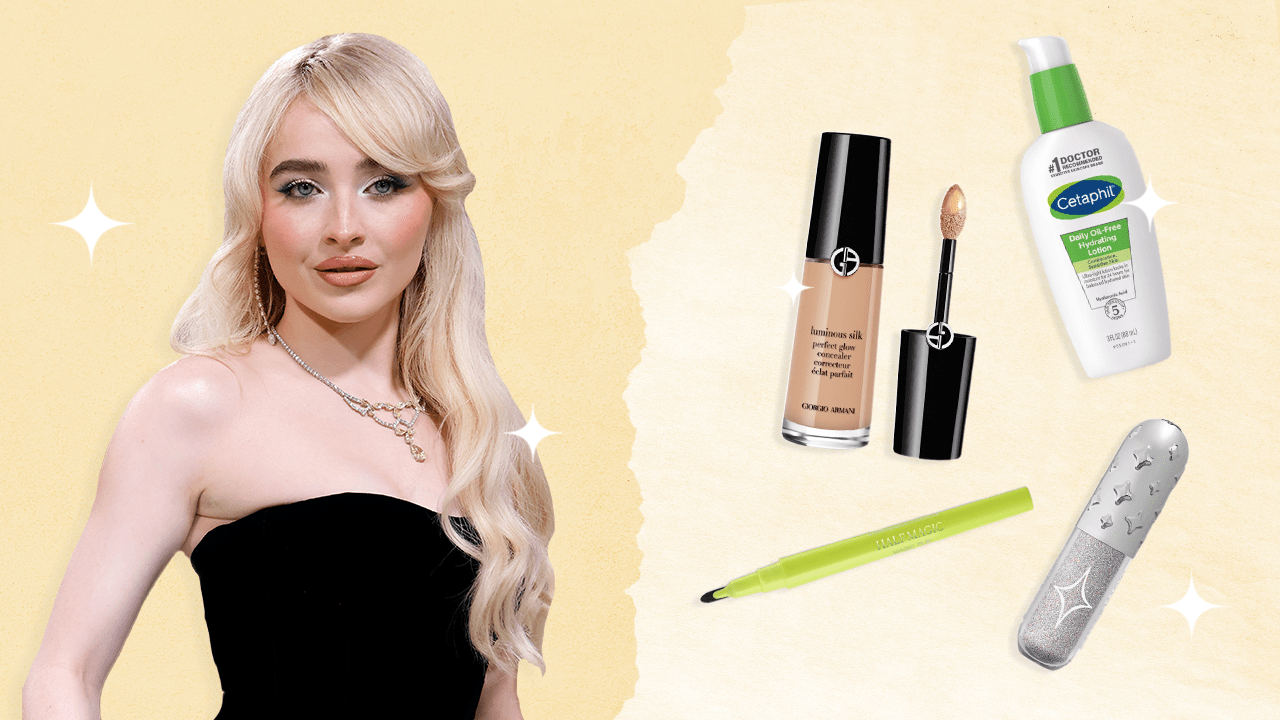 Sabrina Carpenter next to her most used makeup products.