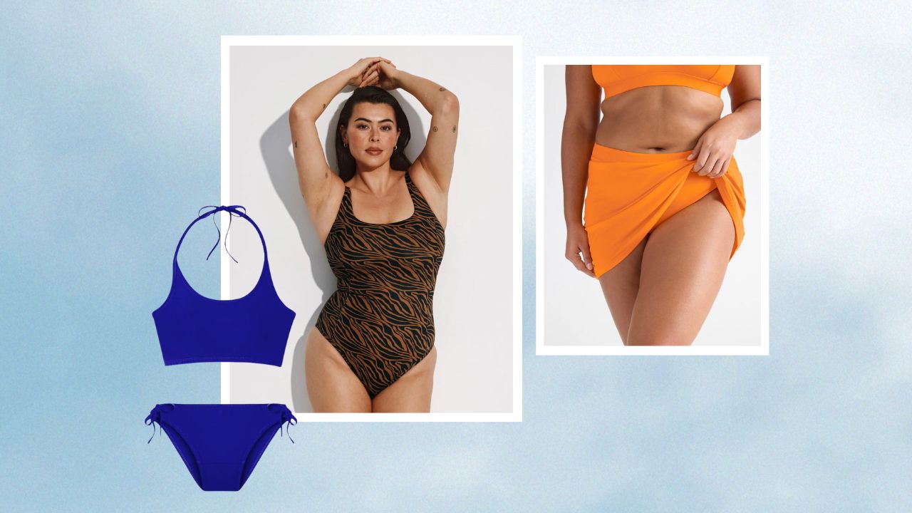 From left to right: A blue tank top bikini, a woman wearing a one-piece animal print swimsuit, a woman wearing an orange swim skirt.