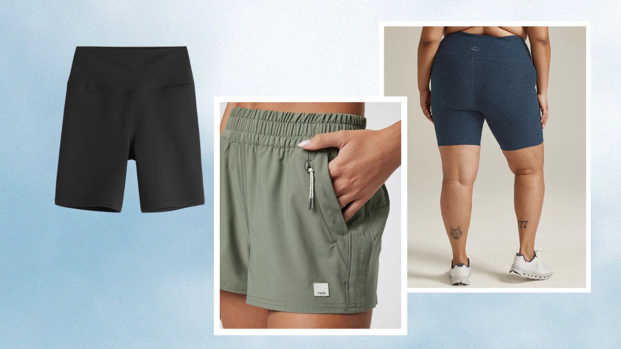 From left to right: A pair of black bike shorts, a woman wearing olive green shorts, a woman wearing navy blue bike shorts