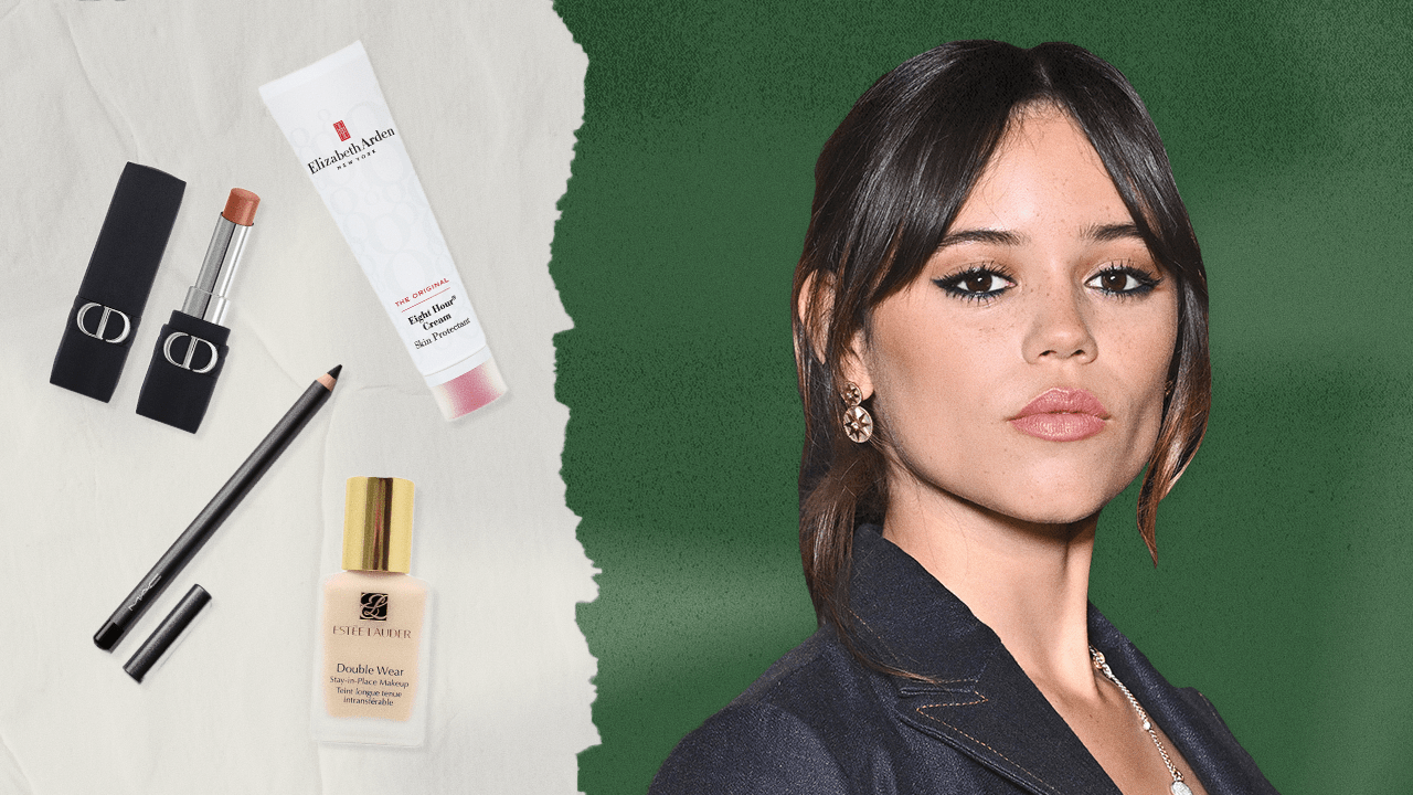 A collage of Jenna Ortega next to her most used makeup products.