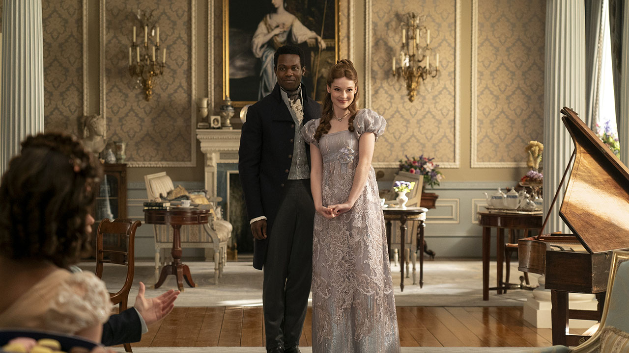 Victor Alli as John Stirling, Hannah Dodd as Francesca Bridgerton in episode 306 of Bridgerton.