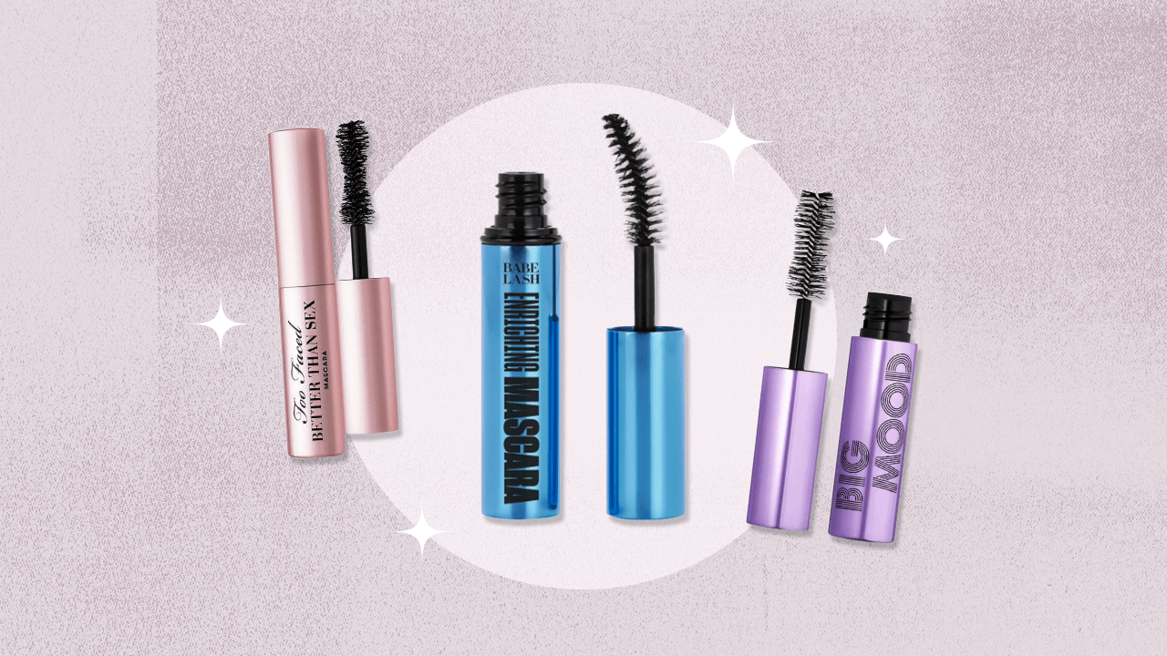 Three mascara tubes against a lavender background