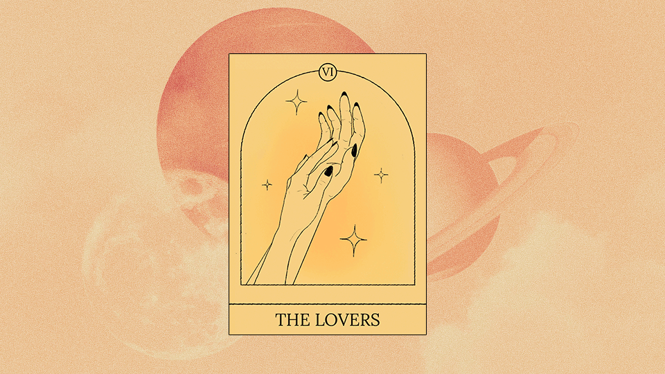 A gif flipping through a series of Tarot cards over a cosmic orange background with various planets on display