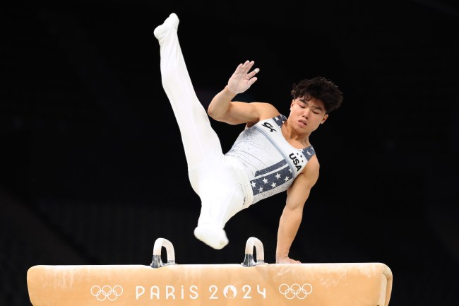 Asher Hong of Team United States practices on the pommel horse during a Gymnastics training session ahead of the Paris 2024 Olympic Games on July 24, 2024 in Paris, France.