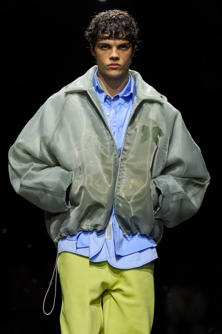 A model wearing a bomber jacket.