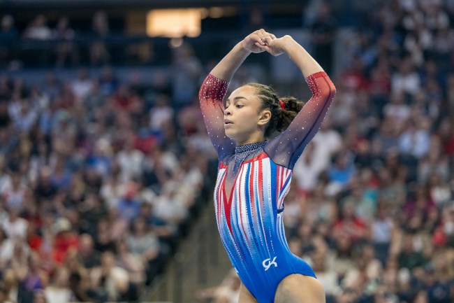 Hezly Rivera on floor on Day Two of the 2024 U.S.Olympic Team Gymnastics Trials at Target Center on June 28, 2024 in Minneapolis, Minnesota.