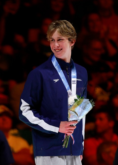 Aaron Shackell of the United States reacts in the Men's 400m freestyle medal ceremony on Day One of the 2024 U.S. Olympic Team Swimming Trials at Lucas Oil Stadium on June 15, 2024 in Indianapolis, Indiana.